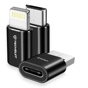 Micro USB σε Type-C – Techsuit - (3 τεμάχια) Premium OTG Adapter TriFlashX (A19) - 3x Type-C σε USB/Micro-USB/Lightning, Κράμα αλουμινίου - Μαύρο