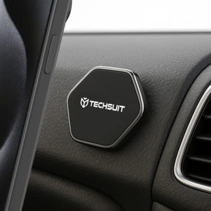 Techsuit - Phone Holder Tiny Series (HOLD210-C) - Dashboard Magnetic Grip, Multipurpose Use, Hexagonal, 2 Metal Plates - Black