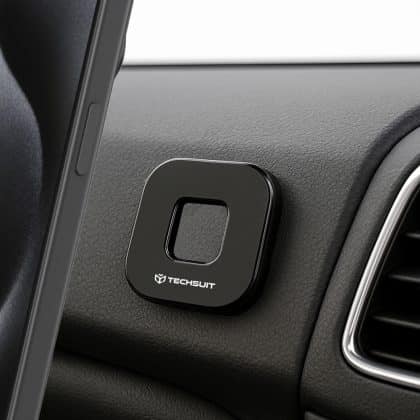 Techsuit - Phone Holder Tiny Series (HOLD210) - Dashboard Magnetic Grip, Multipurpose Use, Quadrilateral, 2 Metal Plates - Black