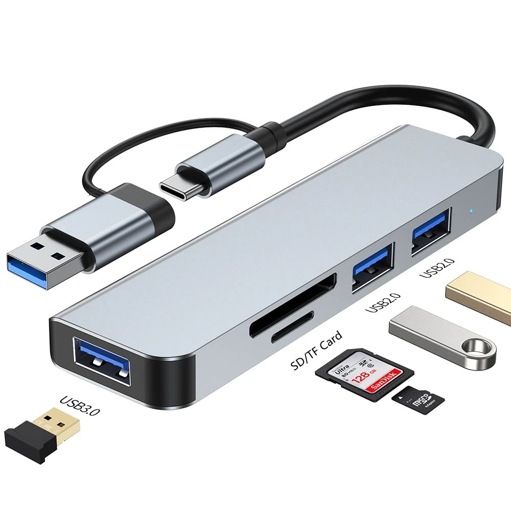 Techsuit - Σταθμός σύνδεσης DataBridge 5 σε 1 (H7) - USB, Type-C σε USB 3.0, 2x USB 2.0, Κάρτα SD/TF - Γκρι - Image 2