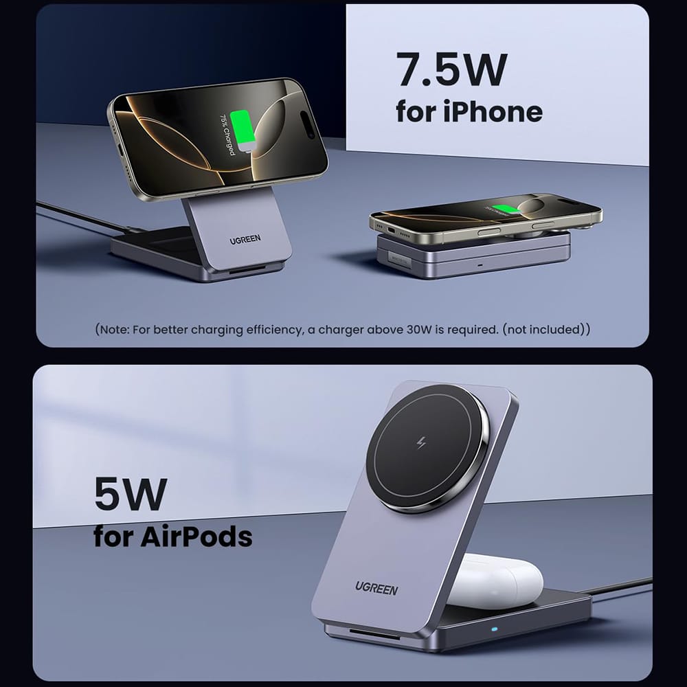 Ugreen - Wireless Charger W528 (45056) - 2in1, Magsafe, για iPhone, Airpods, Compact Foldable Design, 15w, 3a - Black - Image 3
