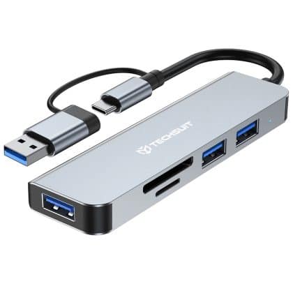 Techsuit - Σταθμός σύνδεσης DataBridge 5 σε 1 (H7) - USB, Type-C σε USB 3.0, 2x USB 2.0, Κάρτα SD/TF - Γκρι