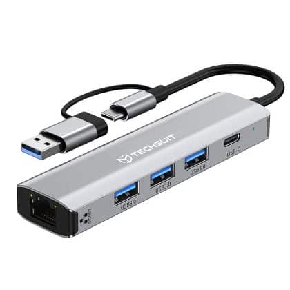 Techsuit - Σταθμός σύνδεσης BoostNetLink 5in2 (H3) - USB, Type-C σε 3x USB, 1x USB-C, Ethernet RJ45, 1000Mbps - Γκρι