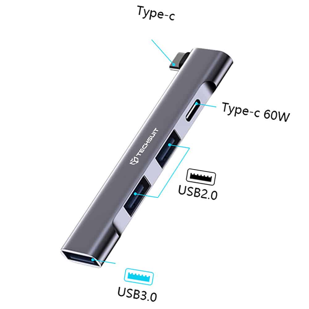 Techsuit - Σταθμός σύνδεσης ZenithDock 4 σε 1 (H12) - USB-C σε 2x USB 2.0, 1x USB 3.0, 1x Type-C, 60W - Γκρι - Image 2