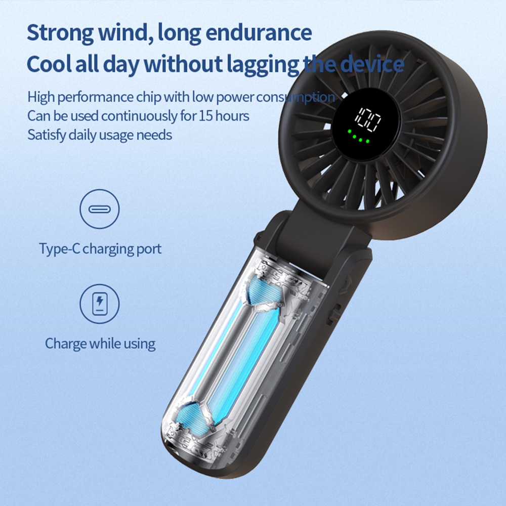 Techsuit - Ανεμιστήρας χειρός Premium Mini (A10) - με ψηφιακή οθόνη LED, επαναφορτιζόμενη θύρα USB-C, 100 ταχύτητες ανέμου, 5400RPM - Λευκό - Image 6