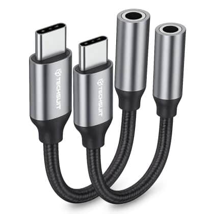 Techsuit - (2 τεμάχια) Προσαρμογέας καλωδίου Premium FuseXound (AC12) - Type-C σε υποδοχή 3,5 mm, 3A, τσιπ DAC, Plug and Play, πλεξούδα - Γκρι