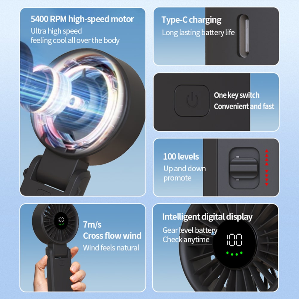 Techsuit - Ανεμιστήρας χειρός Premium Mini (A10) - με ψηφιακή οθόνη LED, επαναφορτιζόμενη θύρα USB-C, 100 ταχύτητες ανέμου, 5400RPM - Μαύρο - Image 5