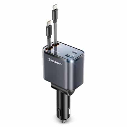 Techsuit - Φορτιστής Αυτοκινήτου Premium NanoVoltX (C1) - με Ανασυρόμενο USB-C, Καλώδια Lightning, USB 2.4A, PD30W, 69W, 180° - Γκρι