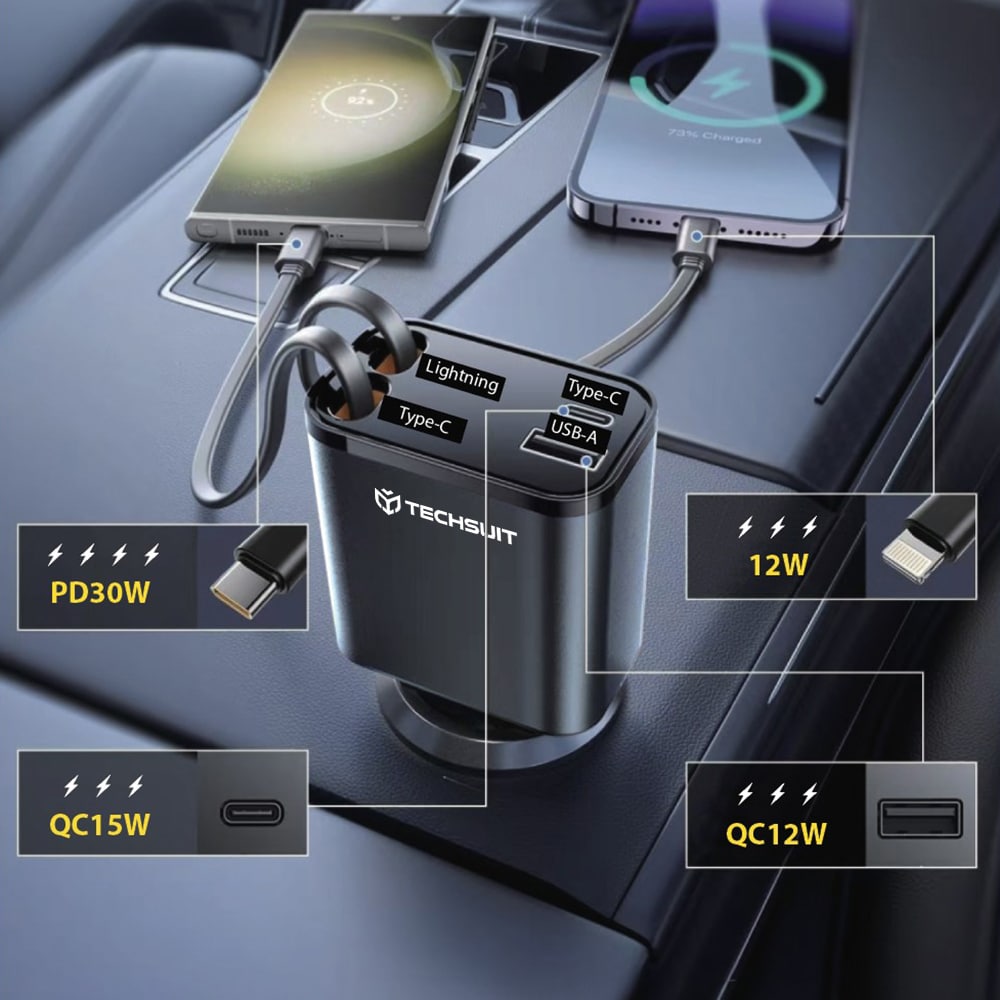 Techsuit - Φορτιστής Αυτοκινήτου Premium NanoVoltX (C1) - με Ανασυρόμενο USB-C, Καλώδια Lightning, USB 2.4A, PD30W, 69W, 180° - Γκρι - Image 3