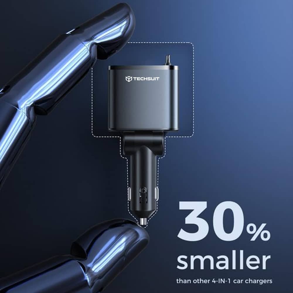 Techsuit - Φορτιστής Αυτοκινήτου Premium NanoVoltX (C1) - με Ανασυρόμενο USB-C, Καλώδια Lightning, USB 2.4A, PD30W, 69W, 180° - Γκρι - Image 5