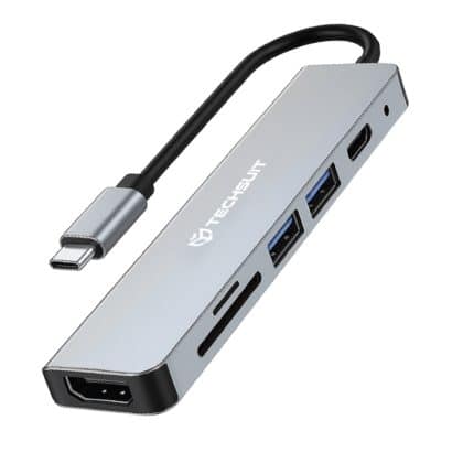 Techsuit - Σταθμός σύνδεσης TurboChargeX 6 σε 1 (H5) - Τύπου-C σε 2x USB, Τύπου-C, HDMI, Κάρτα TF/SD, PD87W, 4K@30Hz - Γκρι