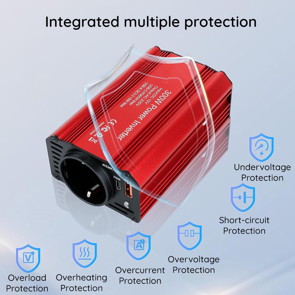 Techsuit - Car Power Inverter Flexicarvolt (ia1) - Type-C, USB-A, Pocket Socket, Pd65w, 300w - Red - Image 5