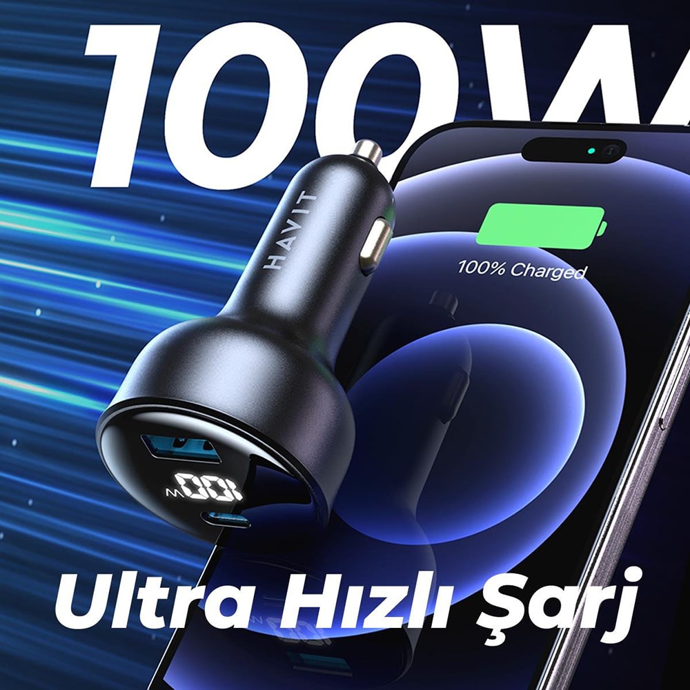 Havit - Car Charger (cc100w) - USB, Type-C, Pd100w, Pc, With Digital Display - Black - Image 6