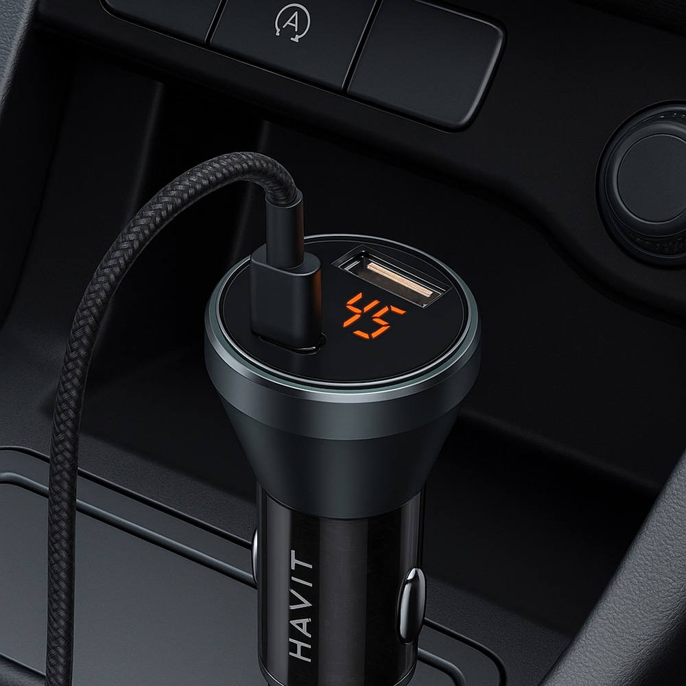 Havit - Car Charger (cc2017) - Type-C, USB, 45w, 3a, Visible Internal Structural Design - Black / Blue - Image 6