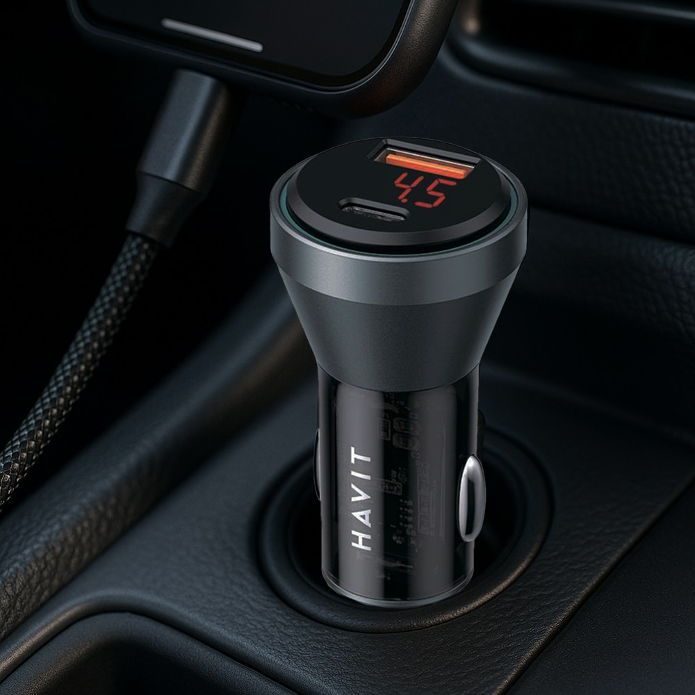 Havit - Car Charger (cc2017) - Type-C, USB, 45w, 3a, Visible Internal Structural Design - Black / Blue - Image 7