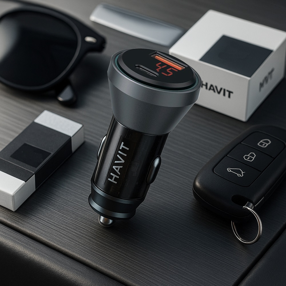 Havit - Car Charger (cc2017) - Type-C, USB, 45w, 3a, Visible Internal Structural Design - Black / Blue - Image 5
