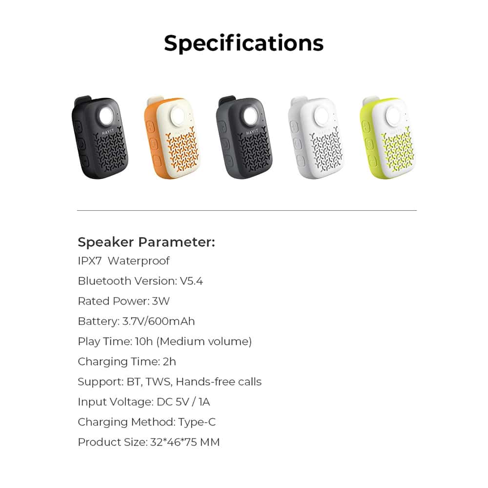 Havit - Wireless Speaker (sk868bt) - Bluetooth V5.4, 5w, 600mah, Ip67, Tws, Flashlight, Hands-Free Calls, Type-C - Black - Image 7
