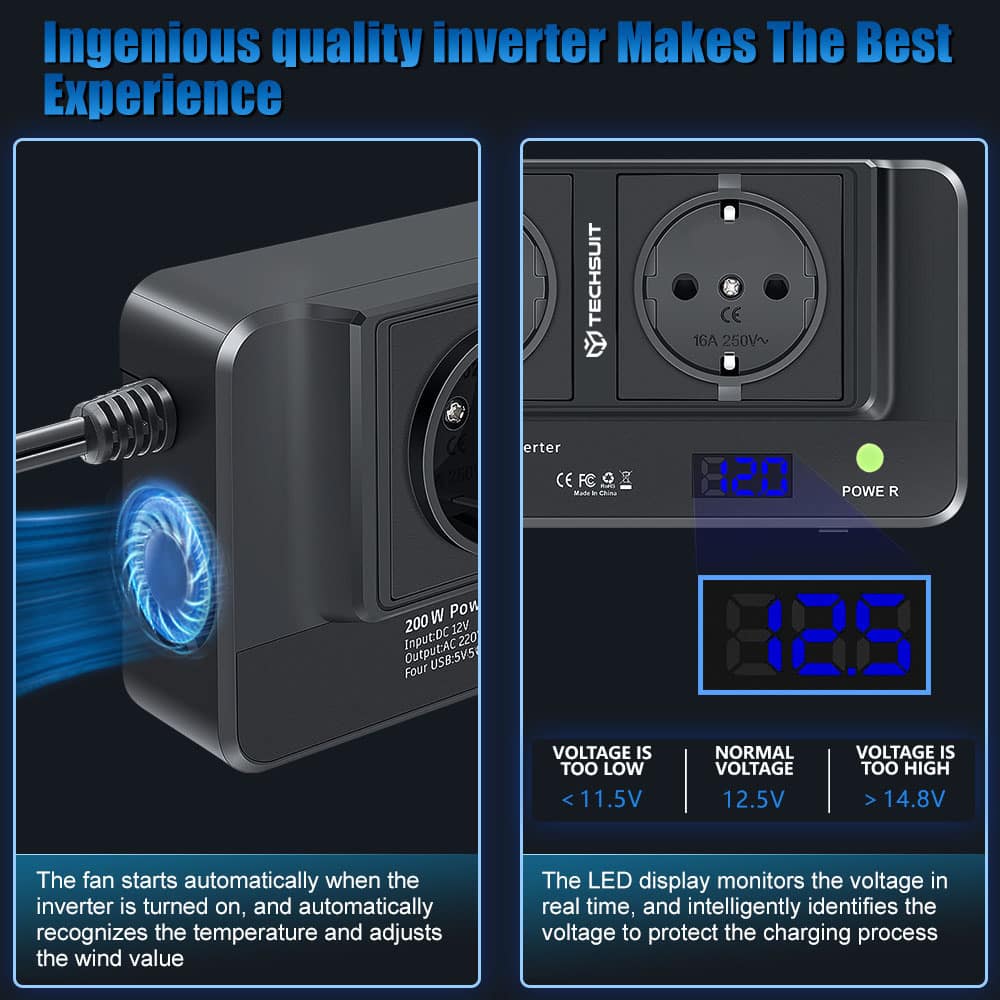 Techsuit - Car Power Inverter Powerdrivex (ia2) - Type-C, 2x USB-A, 2x Ac Power Sockets, 220v, 200w - Black - Image 2