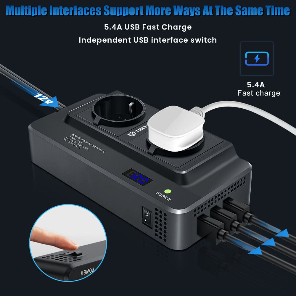 Techsuit - Car Power Inverter Powerdrivex (ia2) - Type-C, 2x USB-A, 2x Ac Power Sockets, 220v, 200w - Black - Image 7