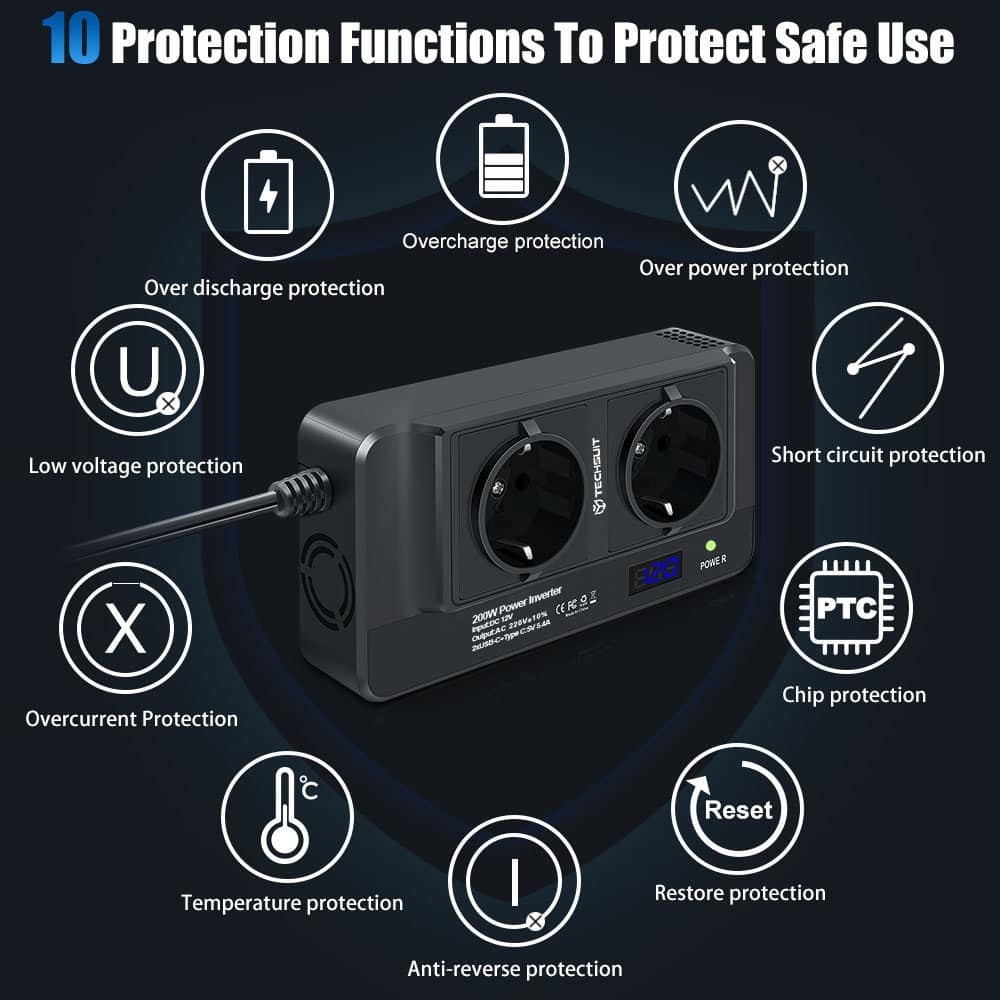 Techsuit - Car Power Inverter Powerdrivex (ia2) - Type-C, 2x USB-A, 2x Ac Power Sockets, 220v, 200w - Black - Image 3