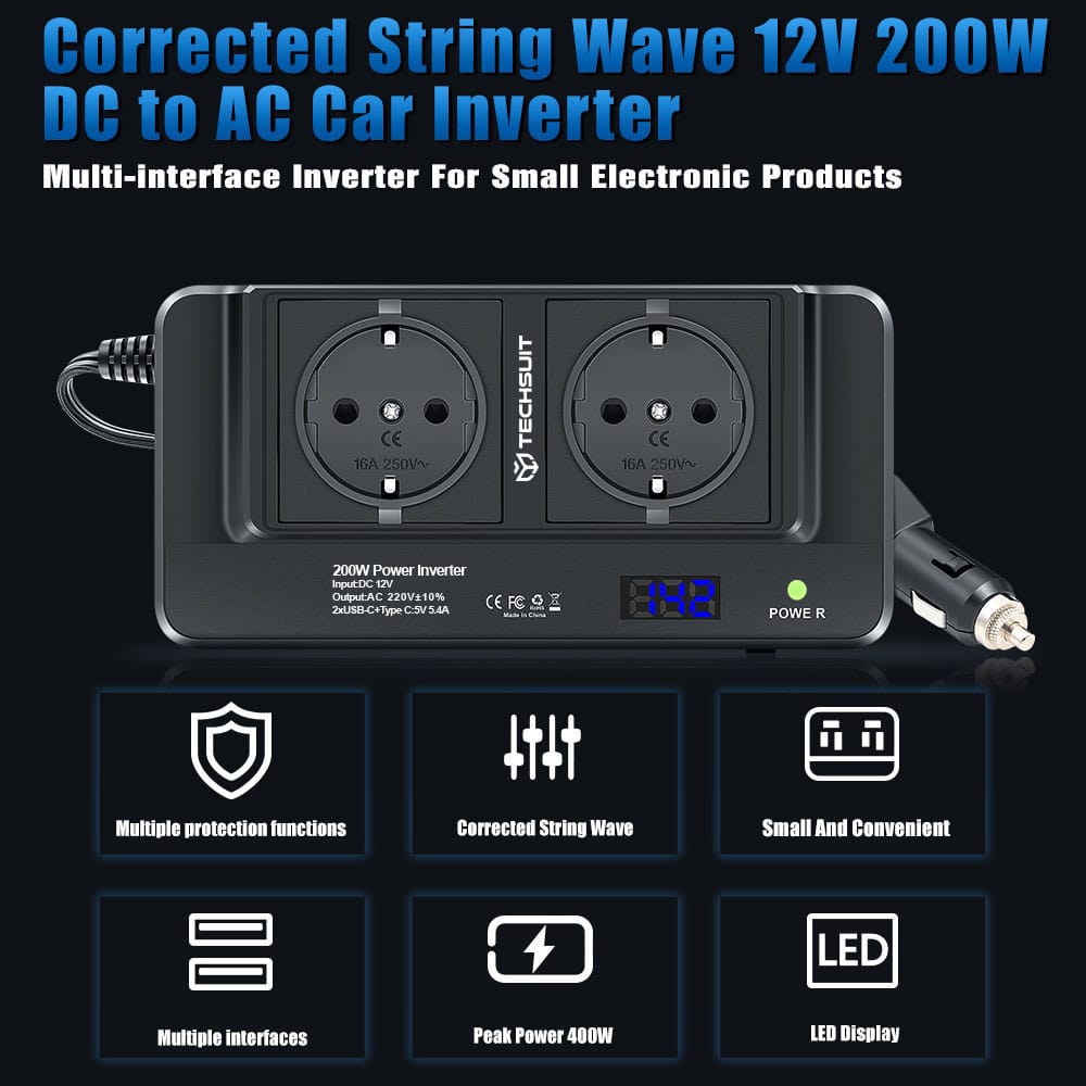 Techsuit - Car Power Inverter Powerdrivex (ia2) - Type-C, 2x USB-A, 2x Ac Power Sockets, 220v, 200w - Black - Image 6