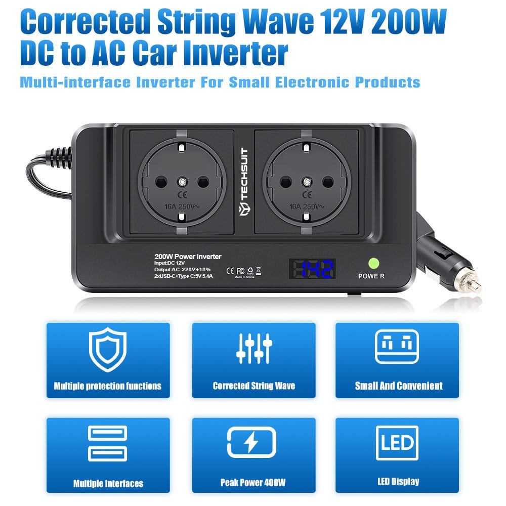 Techsuit - Car Power Inverter Powerdrivex (ia2) - Type-C, 2x USB-A, 2x Ac Power Sockets, 220v, 200w - Black - Image 4