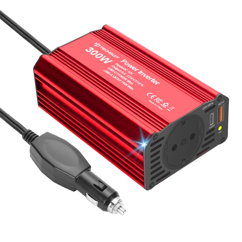 Techsuit - Car Power Inverter Flexicarvolt (ia1) - Type-C, USB-A, Pocket Socket, Pd65w, 300w - Red - Image 2
