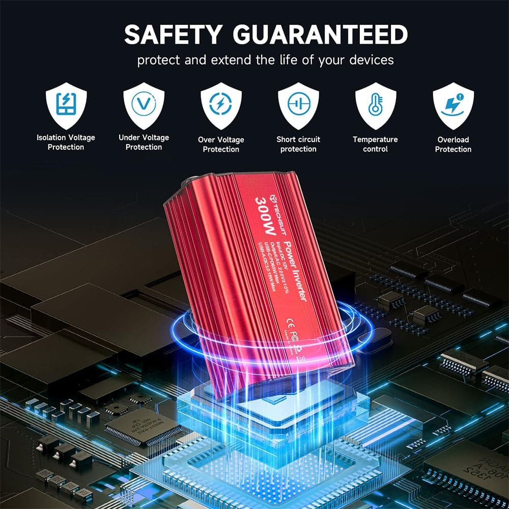 Techsuit - Car Power Inverter Flexicarvolt (ia1) - Type-C, USB-A, Pocket Socket, Pd65w, 300w - Red - Image 3