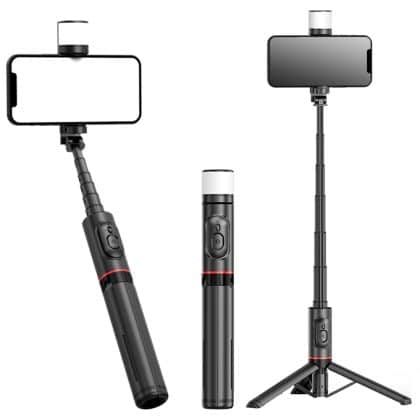 Techsuit - Selfie Stick (Q12S) - Stable Tripod Mount with Bluetooth Remote and LED Light, 75cm - Black