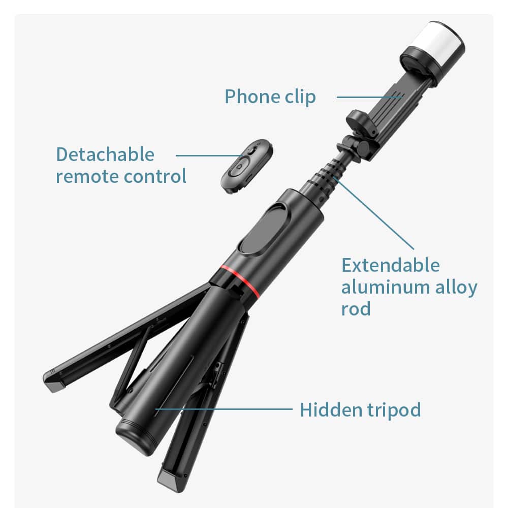 Techsuit - Selfie Stick (Q12S) - Stable Tripod Mount with Bluetooth Remote and LED Light, 75cm - Black - Image 6