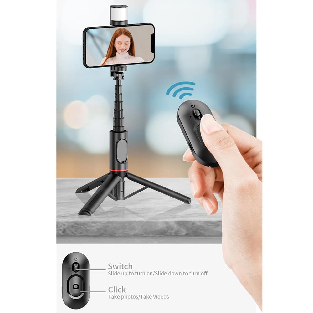 Techsuit - Selfie Stick (Q12S) - Stable Tripod Mount with Bluetooth Remote and LED Light, 75cm - Black - Image 5