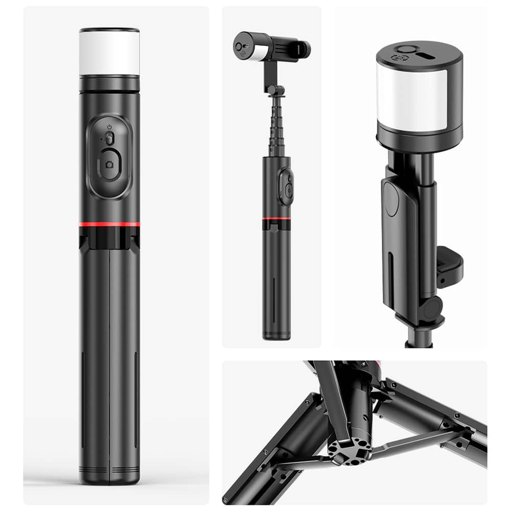 Techsuit - Selfie Stick (Q12S) - Stable Tripod Mount with Bluetooth Remote and LED Light, 75cm - Black - Image 2