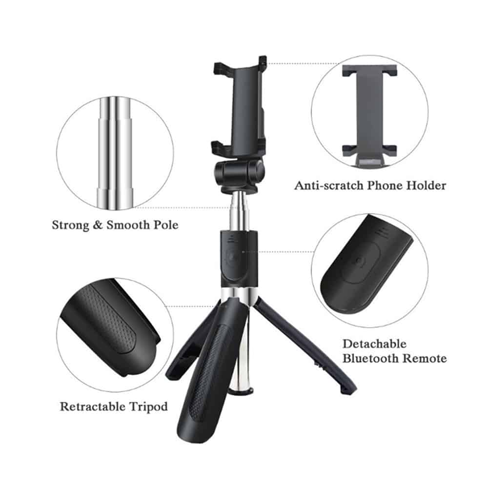 Techsuit - Selfie Stick (L01s) - Tripod Stable Mount with Extendable Arm, Bluetooth Remote Control, 70cm - Black - Image 7