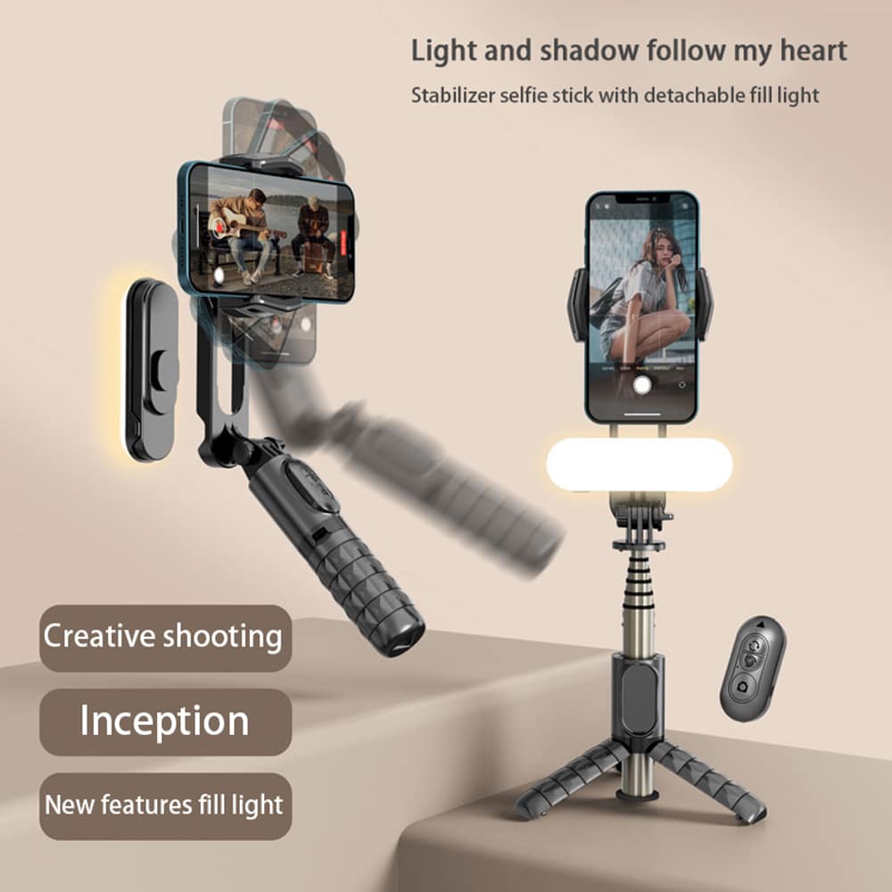 Techsuit - Gimbal Mini Selfie Stick (Q09) - Stabilizer Tripod with LED Light and Bluetooth Remote Control, 70cm - Black - Image 8
