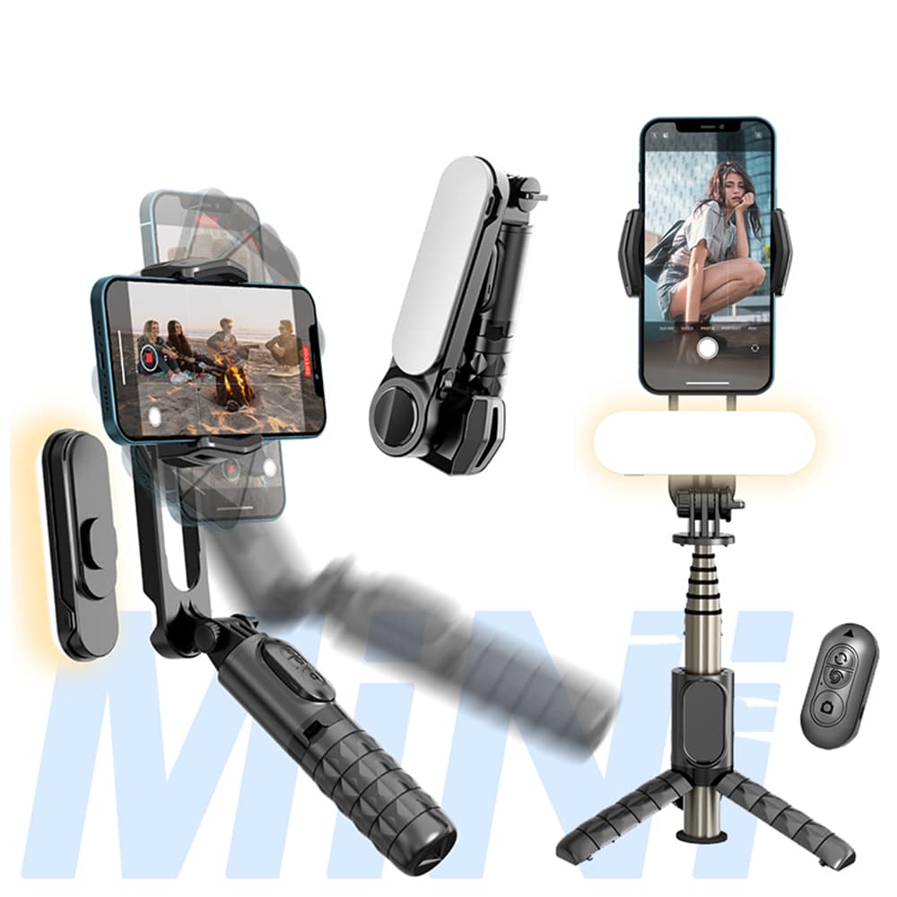 Techsuit - Gimbal Mini Selfie Stick (Q09) - Stabilizer Tripod with LED Light and Bluetooth Remote Control, 70cm - Black - Image 2