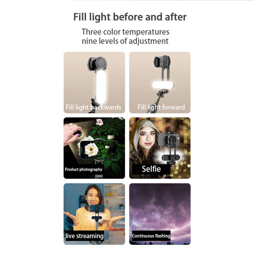 Techsuit - Gimbal Mini Selfie Stick (Q09) - Stabilizer Tripod with LED Light and Bluetooth Remote Control, 70cm - Black - Image 6