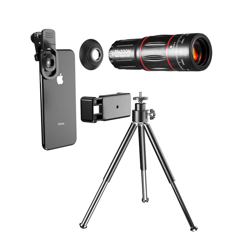 Techsuit - Σετ Φακού Κάμερας Τηλεφώνου (W28) - 28xZoom, HD Κρύσταλλο Lanthanide με Τρίποδο, Σύνδεση & E-Clip και Τσάντα - Μαύρο - Image 2