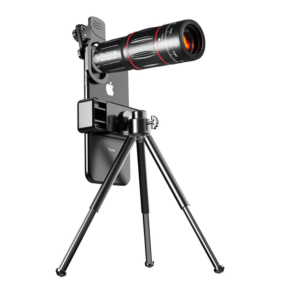 Techsuit - Σετ Φακού Κάμερας Τηλεφώνου (W28) - 28xZoom, HD Κρύσταλλο Lanthanide με Τρίποδο, Σύνδεση & E-Clip και Τσάντα - Μαύρο - Image 5