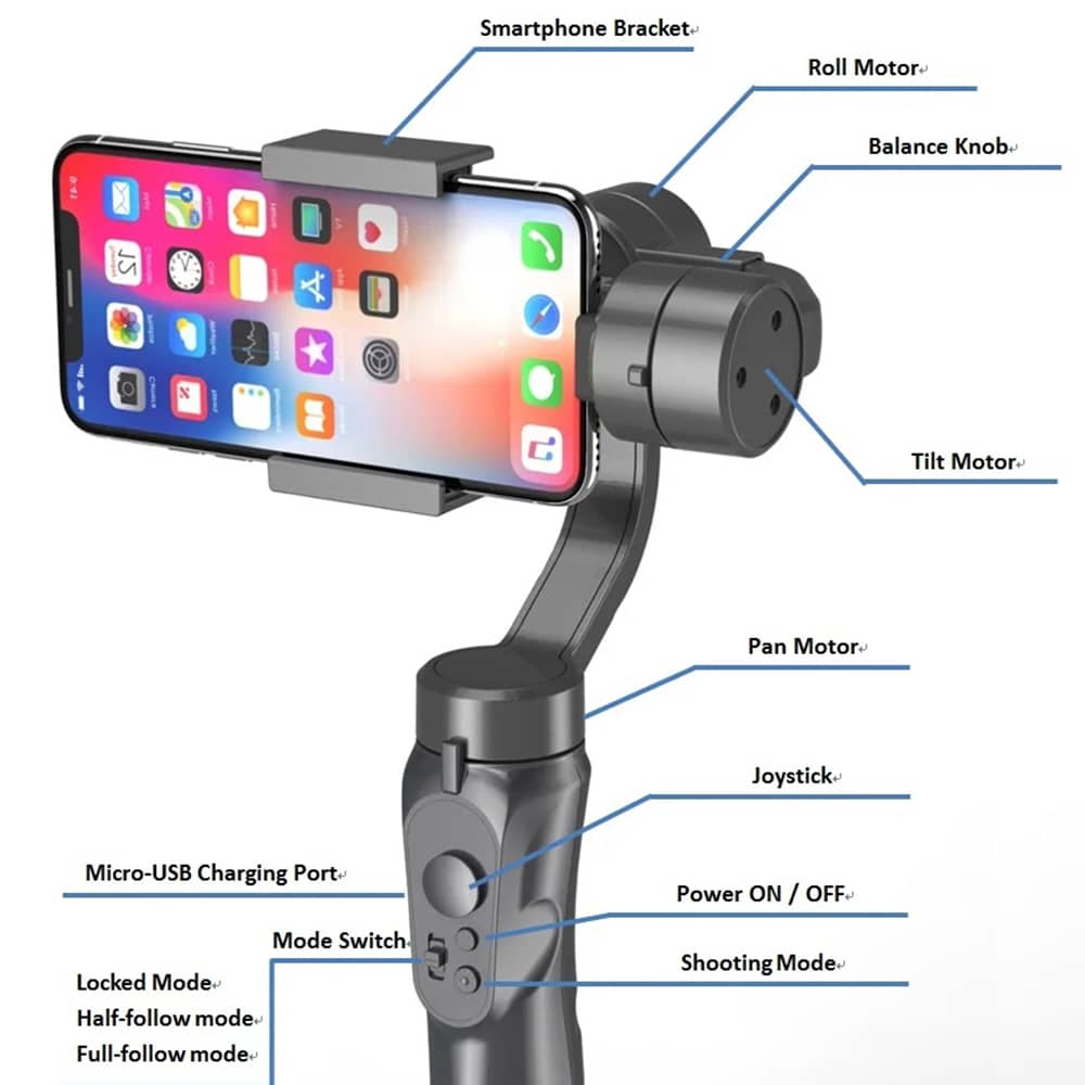 Techsuit - Phone Gimbal (H4) - with 3 Axis Handheld, Joystick, Micro-USB, 6.1inch Max, Aluminum Alloy, 2200mAh - Black - Image 5