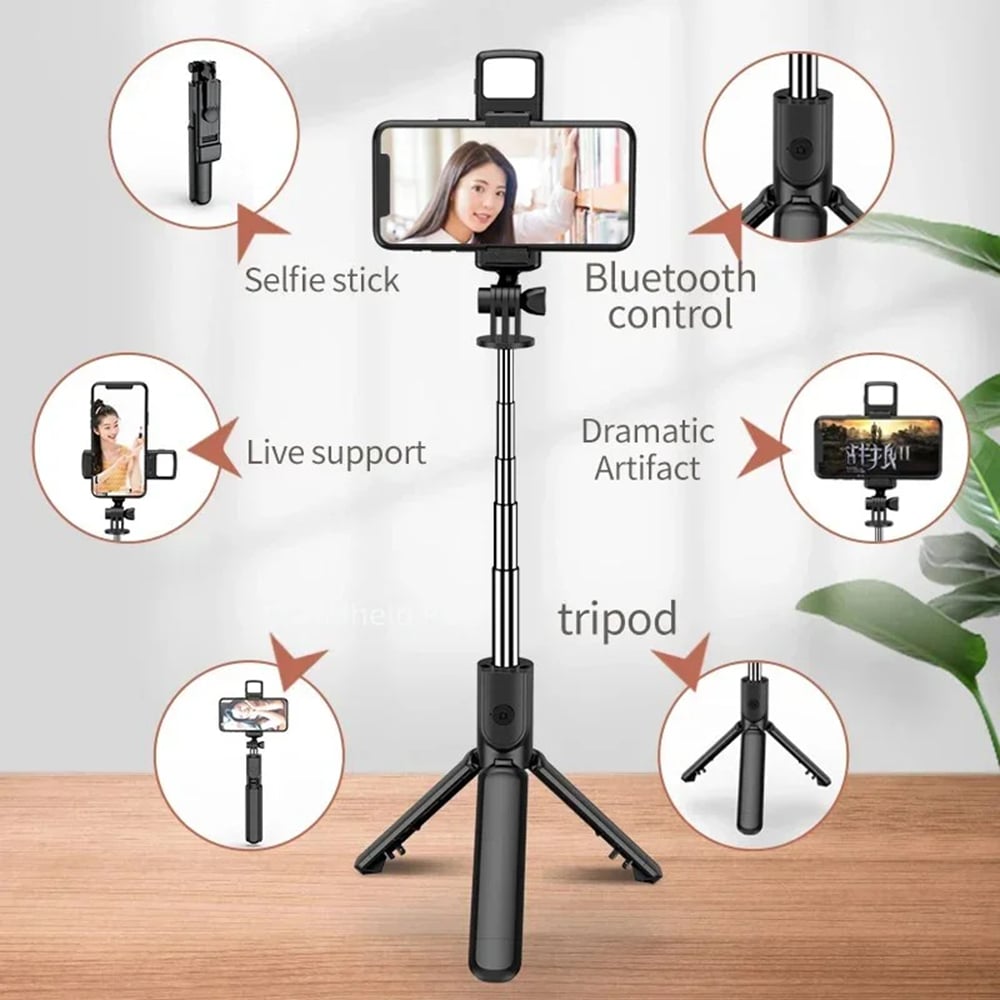 Techsuit - Mini Selfie Stick (S03-S) - Stable & Compact Tripod Mount, Bluetooth Remote Control, LED Light, 67cm - Black - Image 3