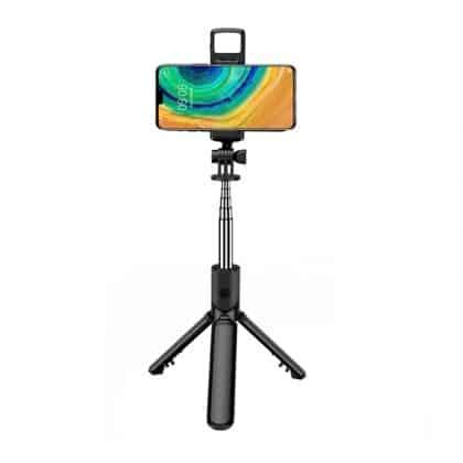 Techsuit - Mini Selfie Stick (S03-S) - Stable & Compact Tripod Mount, Bluetooth Remote Control, LED Light, 67cm - Black