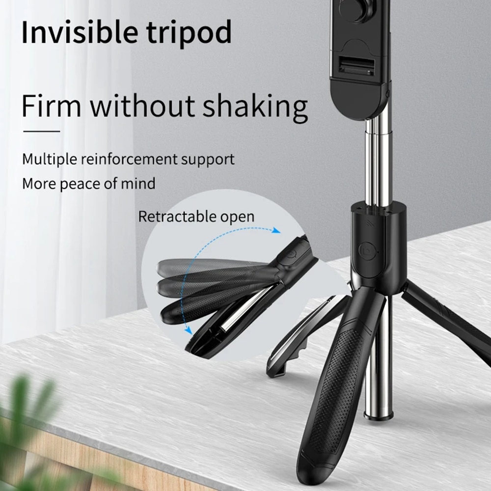 Techsuit - Selfie Stick (S01-S) - Compact Tripod Mount with Bluetooth Remote Control, LED Fill Light, Foldable, 70cm - Black - Image 2