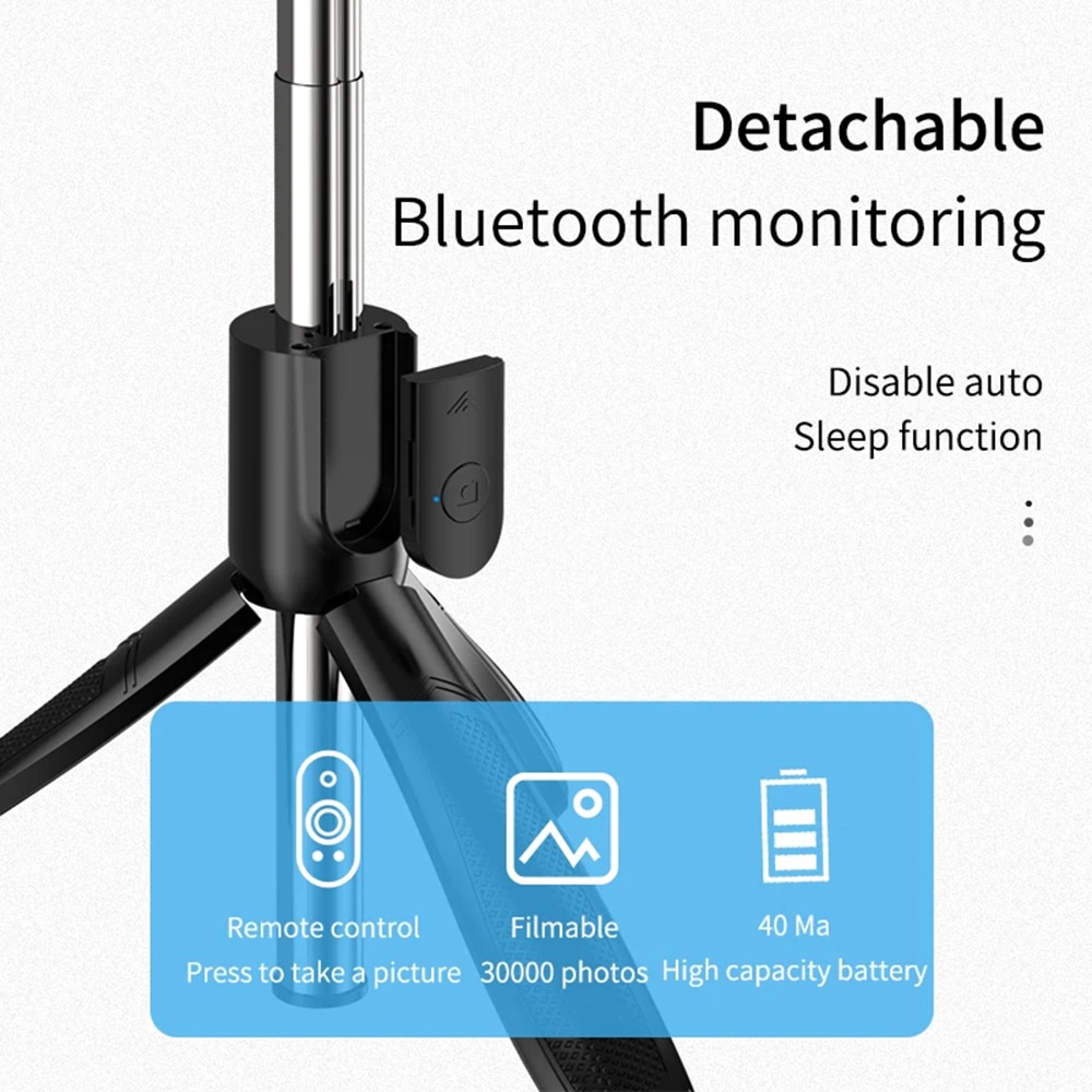 Techsuit - Selfie Stick (S01-S) - Compact Tripod Mount with Bluetooth Remote Control, LED Fill Light, Foldable, 70cm - Black - Image 3