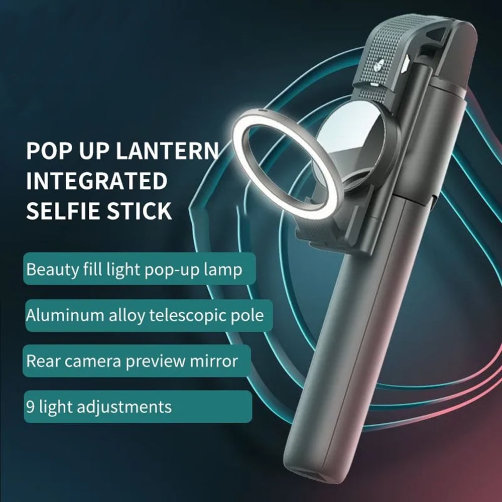 Techsuit - Selfie Stick (K13) - Compact Tripod Mount with Bluetooth Remote Control, LED Beauty Light, Foldable, 84cm - Black - Image 2