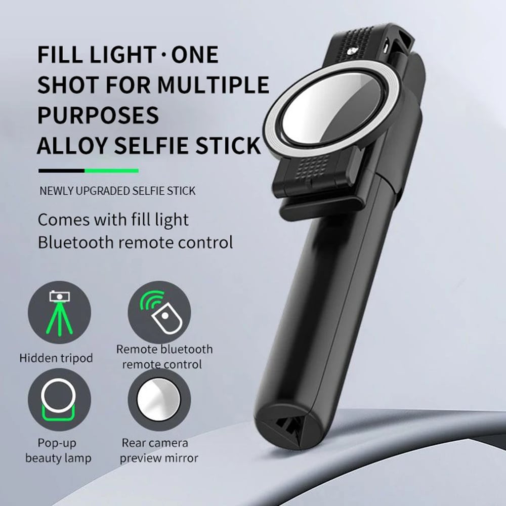 Techsuit - Selfie Stick (K13) - Compact Tripod Mount with Bluetooth Remote Control, LED Beauty Light, Foldable, 84cm - Black - Image 3
