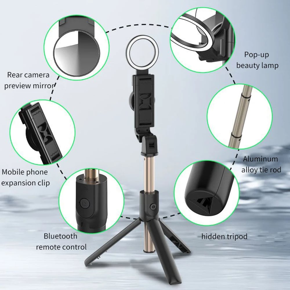 Techsuit - Selfie Stick (K13) - Compact Tripod Mount with Bluetooth Remote Control, LED Beauty Light, Foldable, 84cm - Black - Image 4