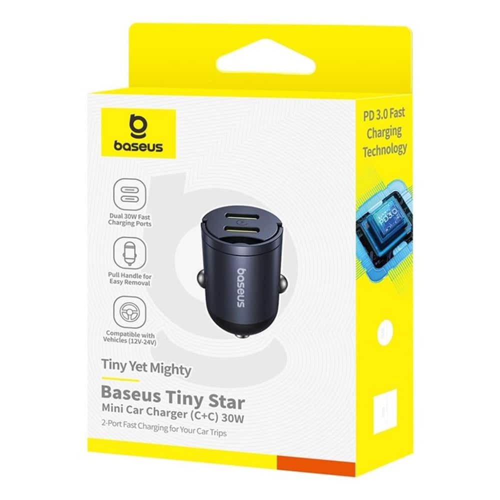 Baseus - Car Charger Tiny Star Mini (c00035001121-03) - 2x Type-C, 30w, With Built-In Pull Handle, 12v To 24v - Black - Image 5