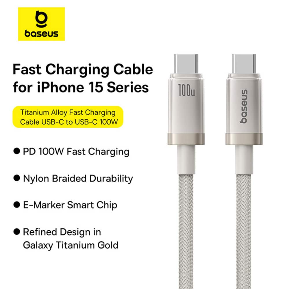 Baseus - Data Καλώδιο Titanium (p10378100g21-01) - USB-C To Type-C, 100w, Fast Charging, 480mbps, 2m - Galaxy Titanium Gold - Image 2