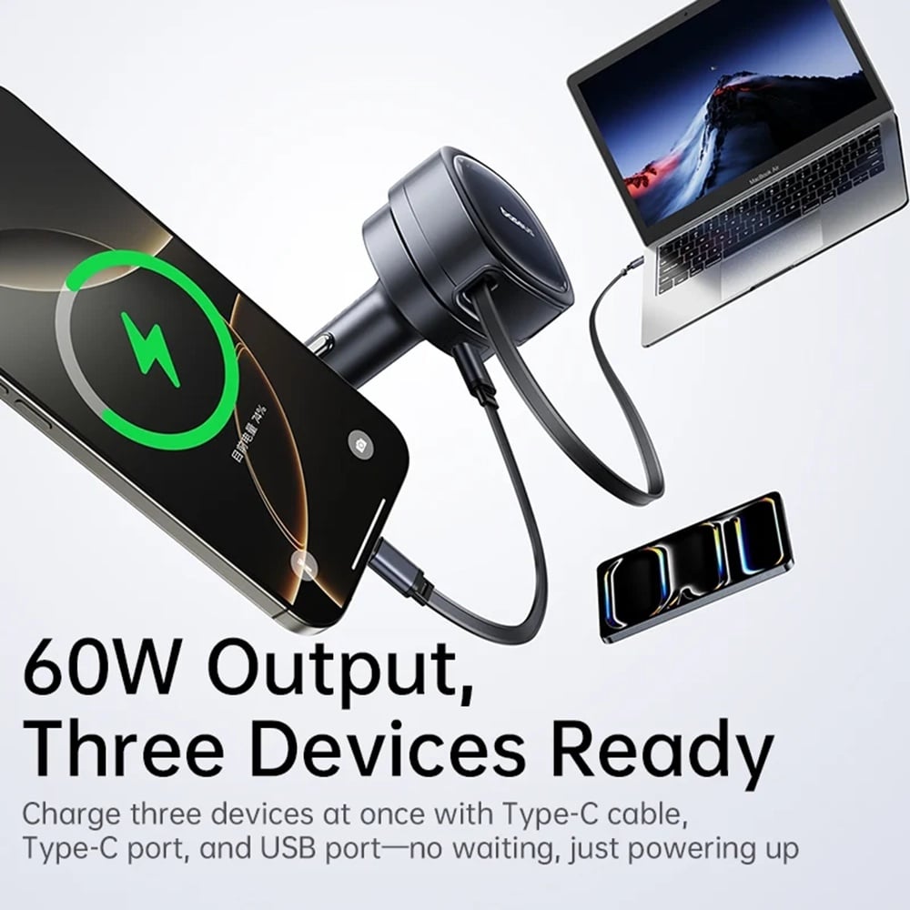 Baseus - Car Charger Primetrip Vr1 (c00069001121-00) - With Retractable Καλώδιο, 2 X Type-C, USB, 60w - Black - Image 2
