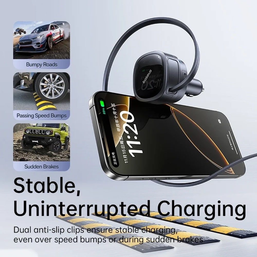 Baseus - Car Charger Primetrip Vr1 (c00069001121-00) - With Retractable Καλώδιο, 2 X Type-C, USB, 60w - Black - Image 9